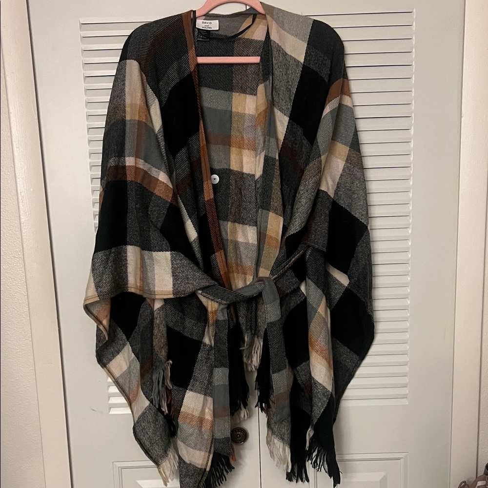 David and Young Plaid Poncho - Black, Brown, Cream